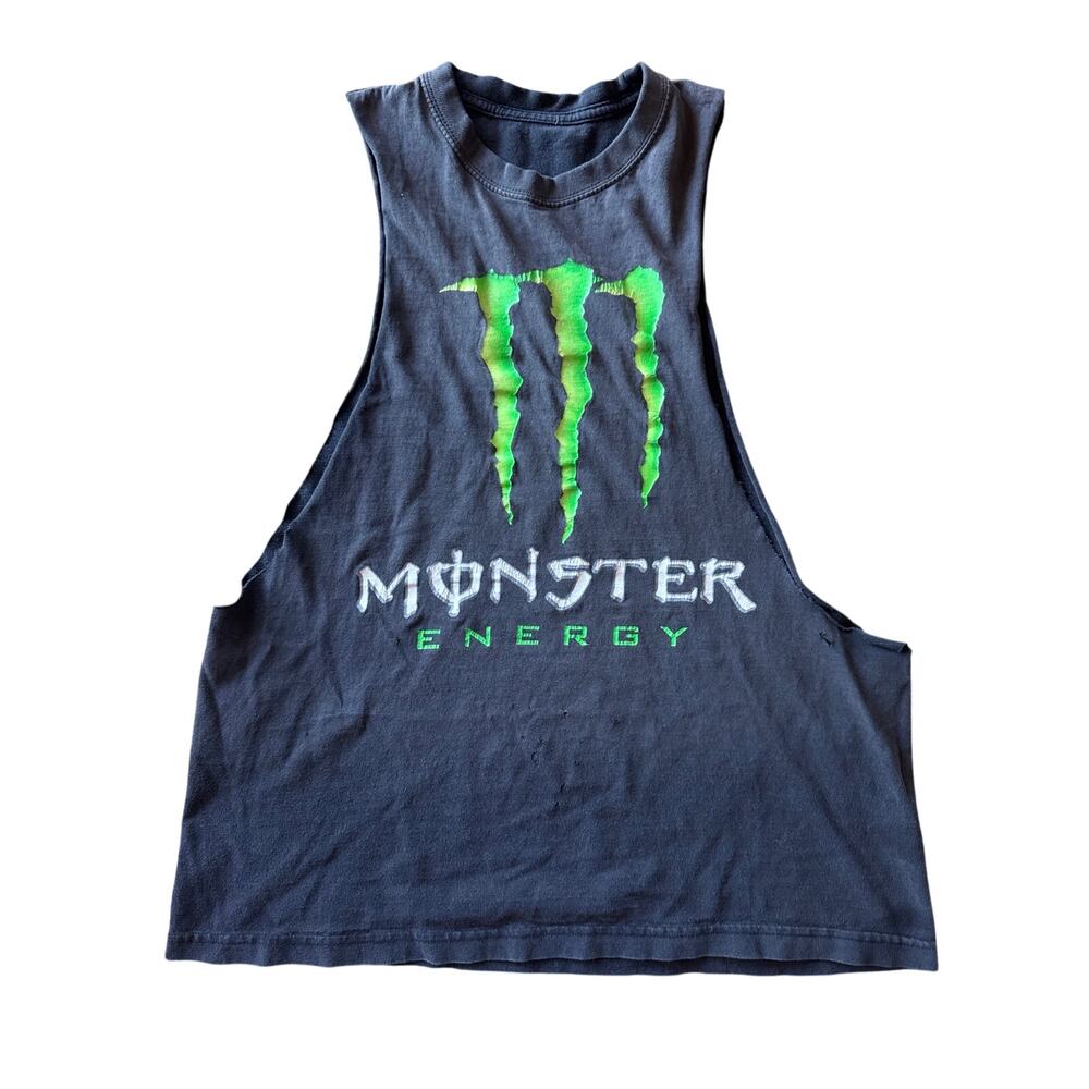 Y2K Monster Energy Faded Black Distressed Medium Chopped Sleeveless T-Shirt